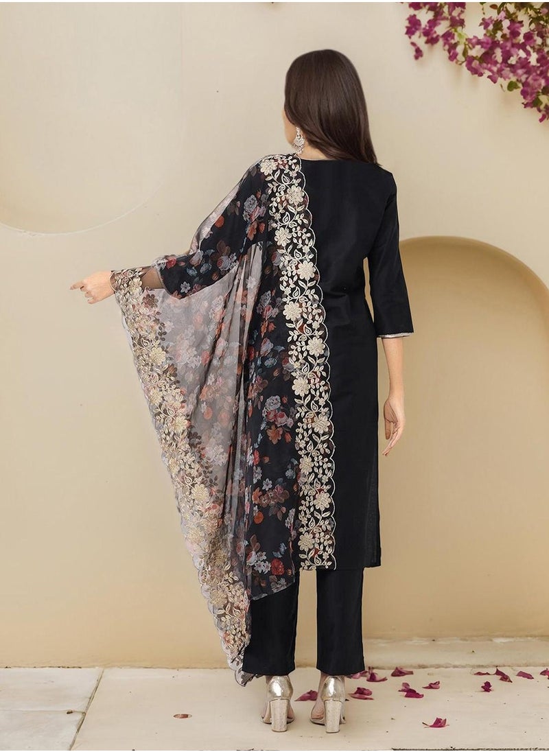 ISHIN Women's Black Polyester Blend Embellished Tunic Full Length Casual Straight Fit Kurta Set  - Image 5