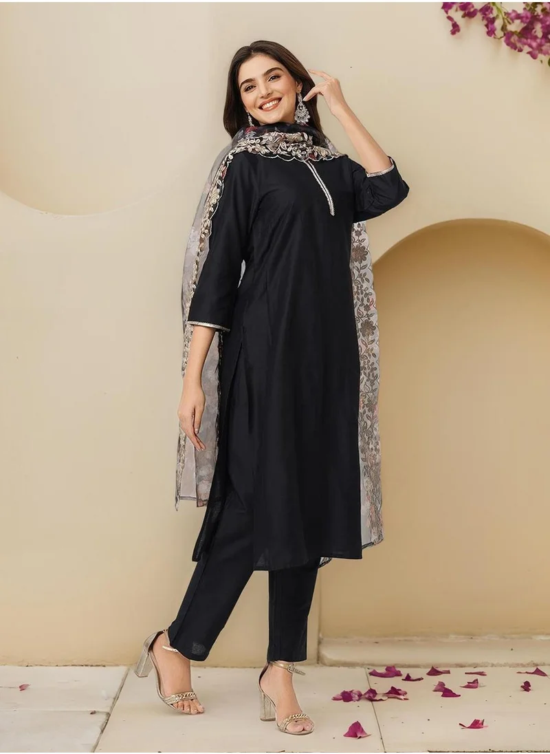 ISHIN Women's Black Polyester Blend Embellished Tunic Full Length Casual Straight Fit Kurta Set