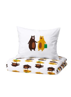 BRU Duvet cover and pillowcase, bear pattern yellow/brown, 150x200/50x80 cm 