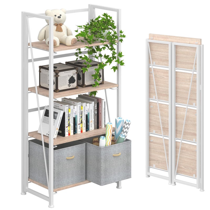 4NM NoAssembly Folding Bookshelf Storage Shelves 4 Tiers Vintage Bookcase Standing Racks Study Organizer Home Office Natural and White