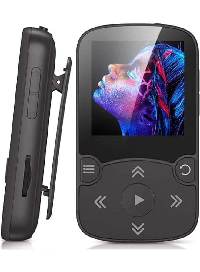 AGPTEK MP3 Player Bluetooth 5.3 Sport 64 GB with 1.5 Inch TFT Colour Screen, Mini Music Player with Clip, Supports up to 128 GB SD Card, Black - Image 1