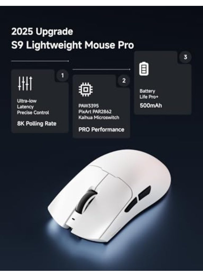 Eweadn S9 Pro Wireless Gaming Mouse, 59G Ergonomic Computer Mouse, Triple Modes, 8K Polling, 26K DPI, PAW3395 Optical Sensor, Kailh Switch, 250h Battery Life, Programmable for PC/Win/Mac(White) - Image 2