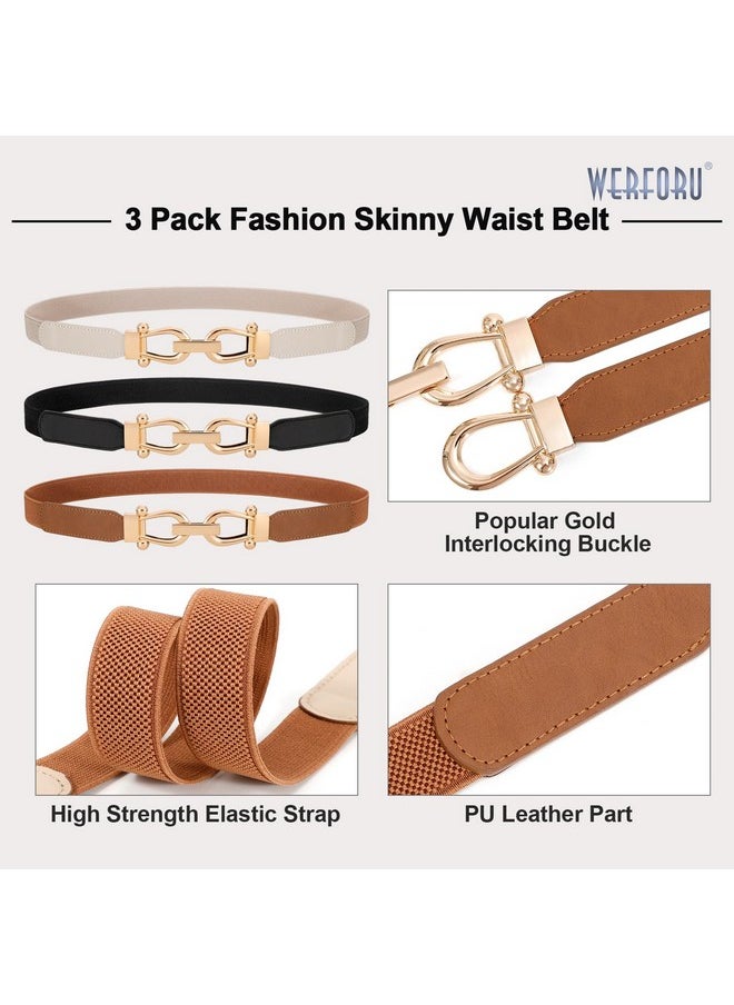 Werforu - 3 Pack Women Ladies Skinny Elastic Waist Belt Gold Buckle Stretchy Thin Belt For Dress Jeans,Black+Brown+Beige - Image 1