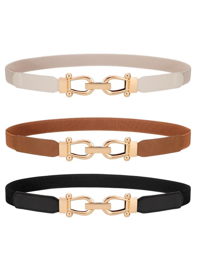 Werforu - 3 Pack Women Ladies Skinny Elastic Waist Belt Gold Buckle Stretchy Thin Belt For Dress Jeans,Black+Brown+Beige - Image 1