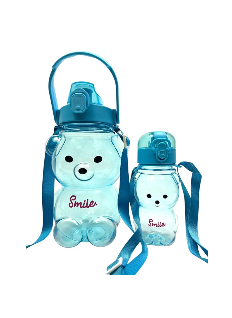 MEBO MEBO Water Bottle for Kids  Cute Animal Design Bottle  Straw for Easy Drinking  Strap for Easy Carry  Pack of 2 1000ml  300ml  Durable Plastic  Perfect for Home School and Travel  Multicolor  - Image 1