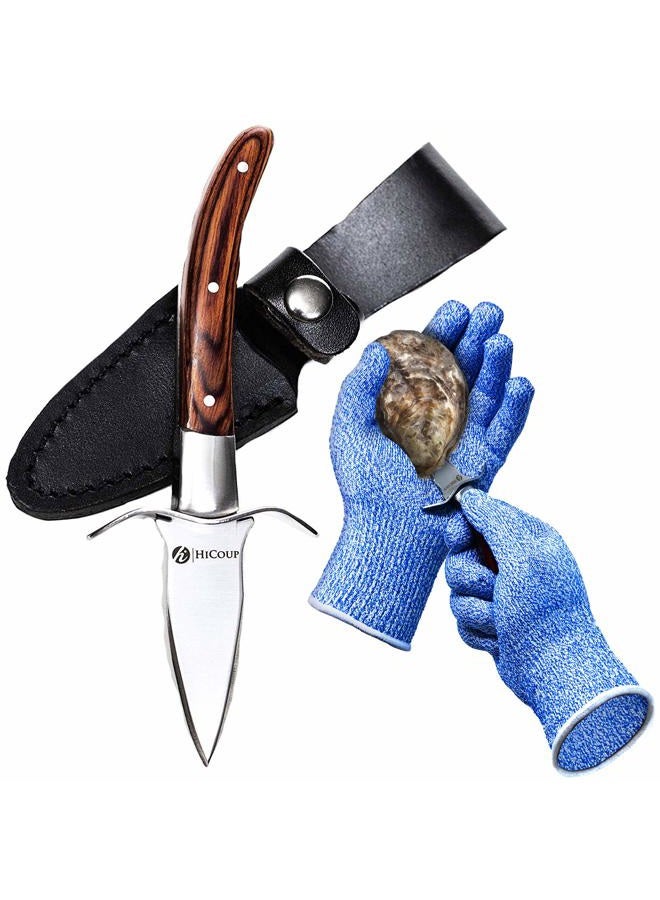 HiCoup Kitchenware Oyster Shucking Knife and Glove Kit - Clam and Oyster Knife Shucker Set with Stainless Steel Seafood Opener Tool, Wood Handle and Gloves﻿ - Image 1