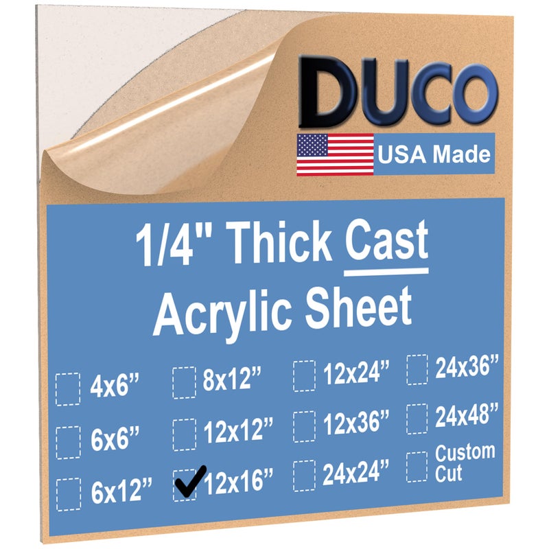 Duco Plastics & Supply Duco USA-Made Clear Cast Acrylic Sheet 1/4 Inch Thick 12" x 16" - 1 Pack of Transparent Plexiglass Sheet - Lightweight Acrylic Board for Window Replacements, Displays, Signs, and More - Image 1