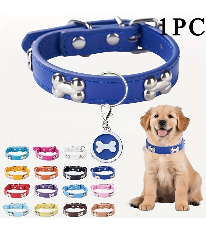 Red Faux Leather Dog Cat Collar With Engravable Nameplate - Image 1