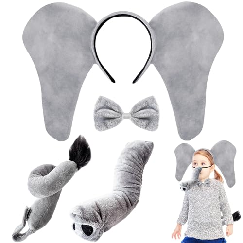 Baaxxango 4 Pcs Elephant Costume KidsElephant Ears Headband Nose Bowtie and Tail Costume AccessoriesElephant Accessories Set for Children Halloween Cosplay World Book Day - Image 1