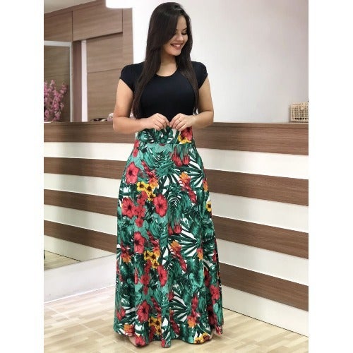 2021wish AliExpress hot sale popular European and American style flower print color matching dress long dress womens clothing Leaf Green - Image 1