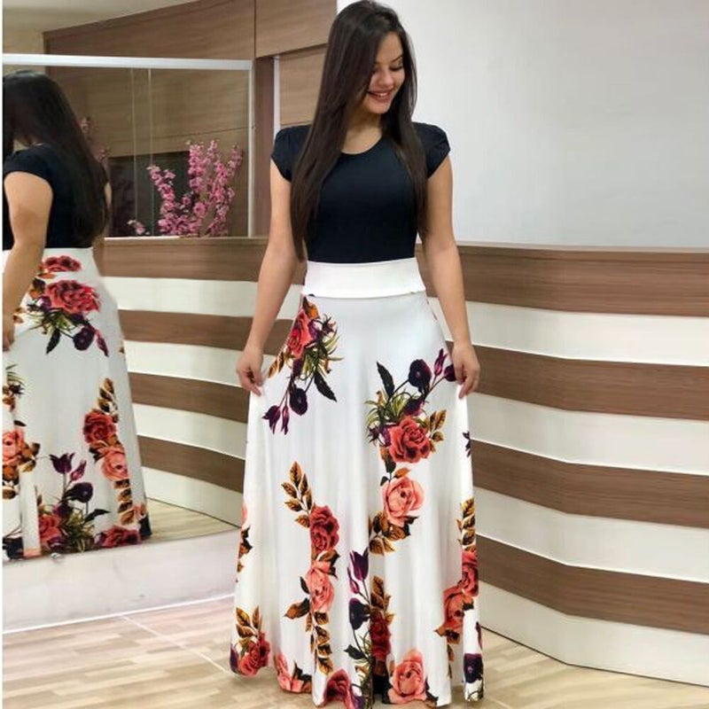 2021wish AliExpress hot sale popular European and American style flower print color matching dress long dress womens clothing Leaf Green - Image 2