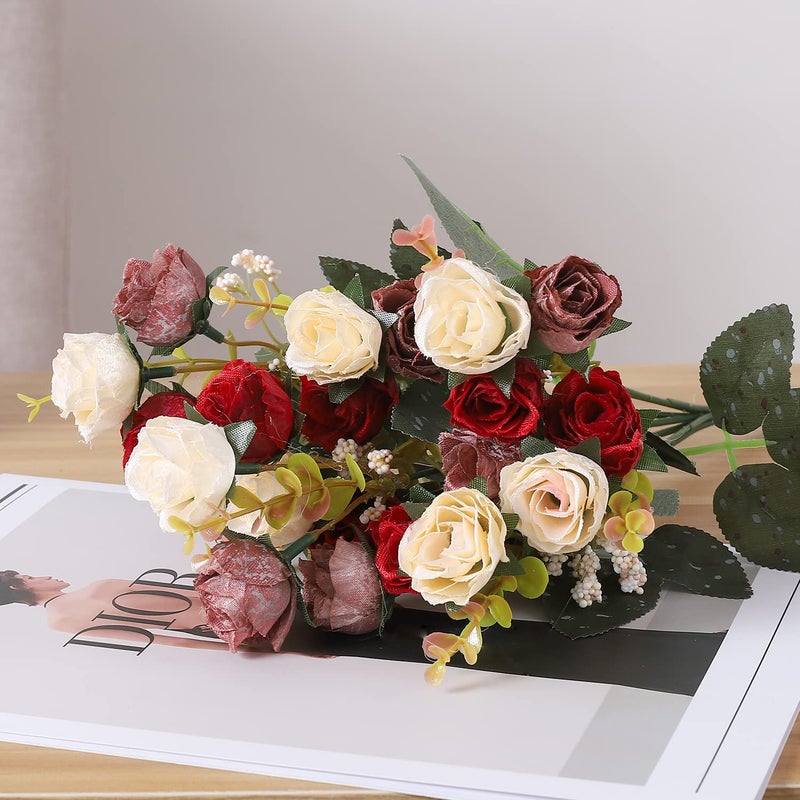 Duovlo 7 Branch 21 Mini Rose Heads Artificial Flowers Bouquet Wedding Home Office Decor,Pack of 2 (2 PCS Red) - Image 3