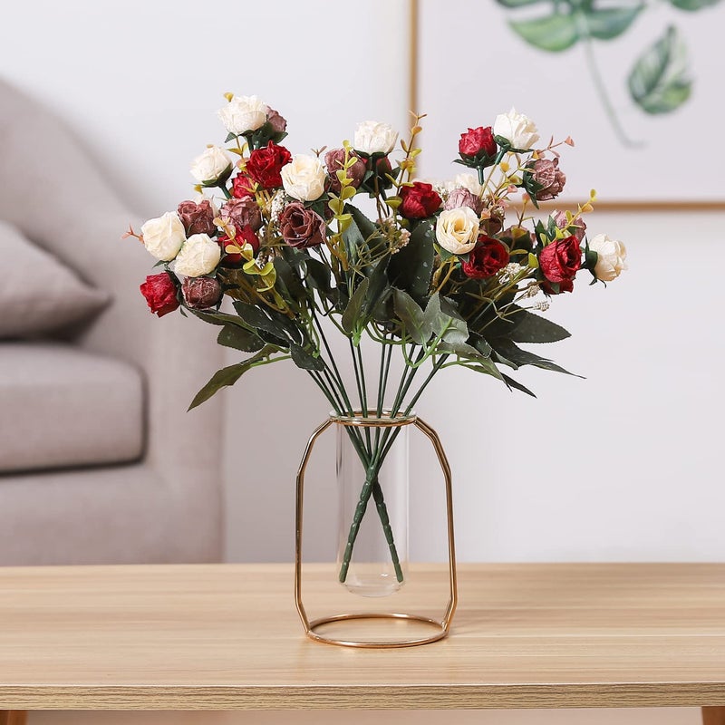 Duovlo 7 Branch 21 Mini Rose Heads Artificial Flowers Bouquet Wedding Home Office Decor,Pack of 2 (2 PCS Red) - Image 4