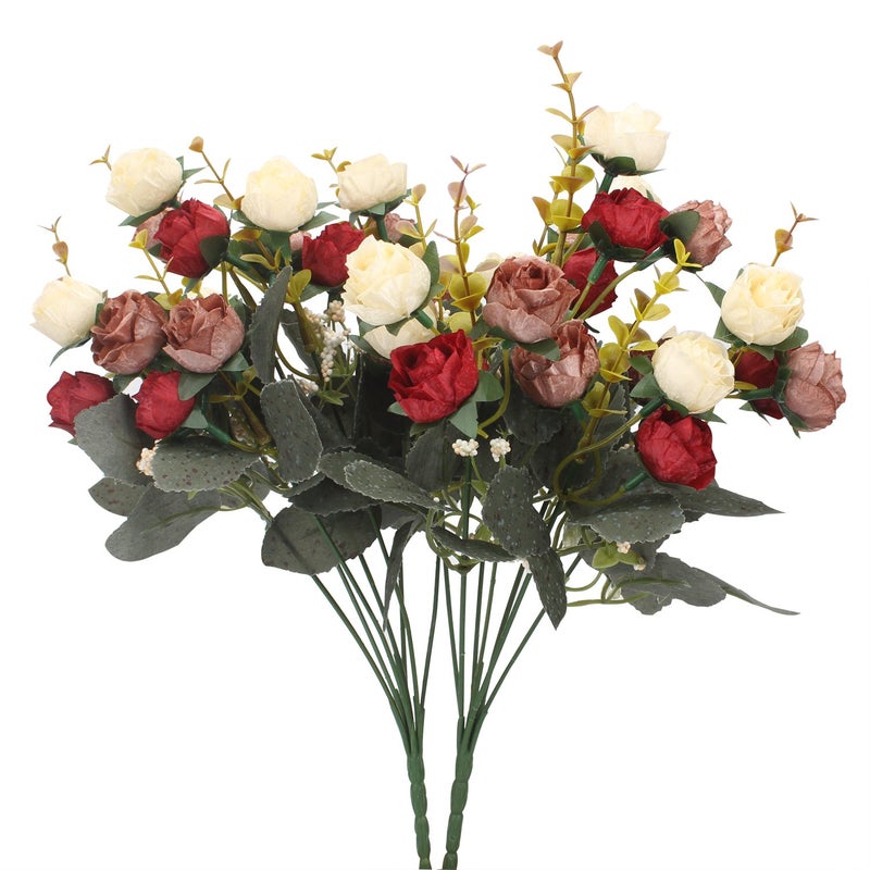Duovlo 7 Branch 21 Mini Rose Heads Artificial Flowers Bouquet Wedding Home Office Decor,Pack of 2 (2 PCS Red) - Image 1