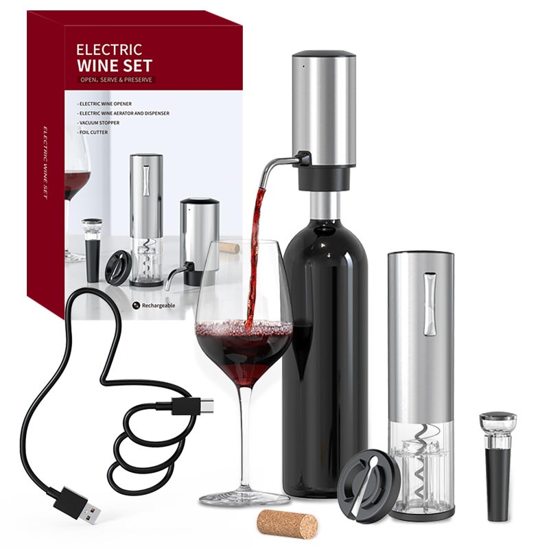 CircleJoy CIRCLE JOY Electric Wine Opener Set 4in1 Wine Set with Rechargeable Wine Opener Rechargeable Wine Aerator Pourer Foil Cutter and Vacuum Wine Stopper Gift Set for Wine Lovers Silver