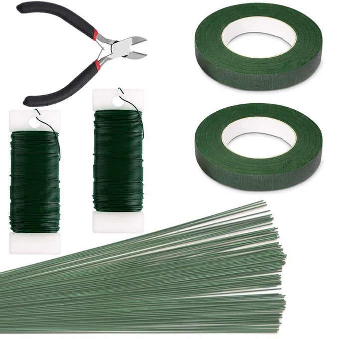 FLORAL ARRANGEMENT KIT WITH GREEN FLORAL TAPE 22 GAUGE FLORAL WIRE STEMS 26 GAUGE PADDLE FLORAL WIRE AND FLORAL WIRE CUTTER FOR BOUQUETS BANQUETS ARTIFICIAL FLOWERS