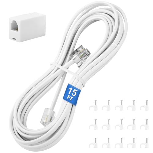 Uvital Phone Extension Cord 15 FT, Telephone Extension Line Cable with RJ11 Plug and 1 in-line Coupler and 15pcs Nail-in Cable Clip Holders, White - Image 1