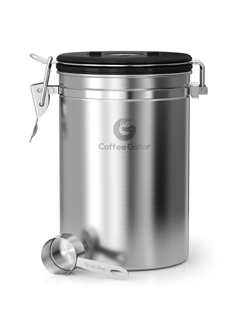 Coffee Gator Coffee Canister  22oz Airtight Stainless Steel Kitchen Food Storage Container with Date Tracker Scoop for Grounds Coffee Bar Accessories Beans Tea Sugar Flour Cereal  Silver