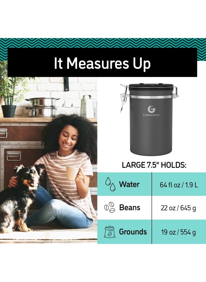 Coffee Gator Coffee Canister  22oz Airtight Stainless Steel Kitchen Food Storage Container with Date Tracker Scoop for Grounds Coffee Bar Accessories Beans Tea Sugar Flour Cereal  Silver