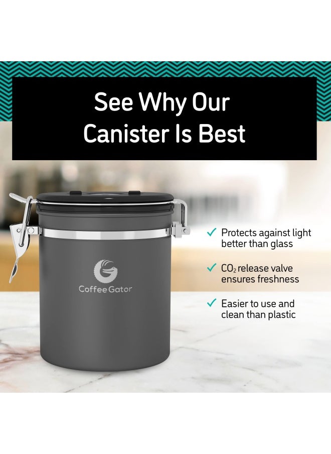 Coffee Gator Coffee Canister  22oz Airtight Stainless Steel Kitchen Food Storage Container with Date Tracker Scoop for Grounds Coffee Bar Accessories Beans Tea Sugar Flour Cereal  Silver