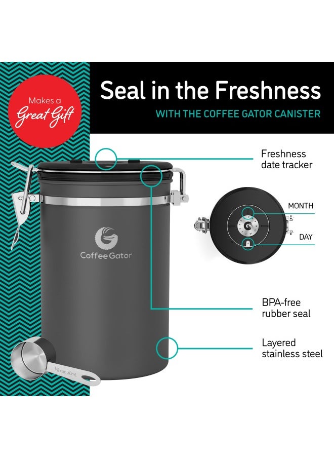 Coffee Gator Coffee Canister  22oz Airtight Stainless Steel Kitchen Food Storage Container with Date Tracker Scoop for Grounds Coffee Bar Accessories Beans Tea Sugar Flour Cereal  Silver