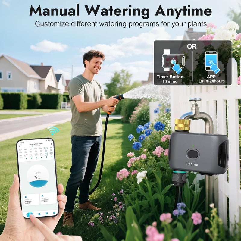 Insoma مؤقت توقيت تدفق المياه من إنسوما عبر تقنية الواي فاي ( WiFi Water Timer)، مؤقت توقيت ذكي للرش، يمكن التحكم فيه عن بعد عبر تطبيق، بالإضافة إلى إمكانية التحكم الصوتي عبر خدمة أليكسا (Alexa)، ويدعم أوضاع تأخير تدفق المياه أثناء هطول الأمطار والتشغيل اليدوي لري الحدائق. - Image 5