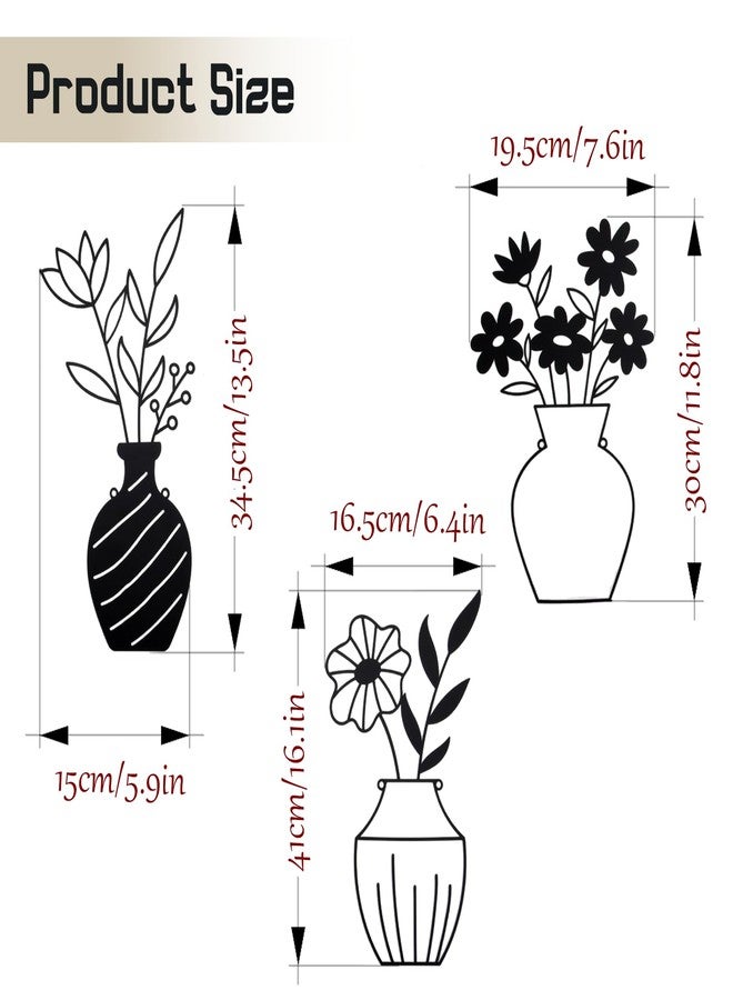 WOPARTY Modern Metal Wall Art Decor, Black Floral Vase Design, Set of 3 Decorative Panels for Living Room Bathroom Bedroom Bar, 7.7x11.8inch,6.3x13.6inch,6.3x11.4inch - Image 3