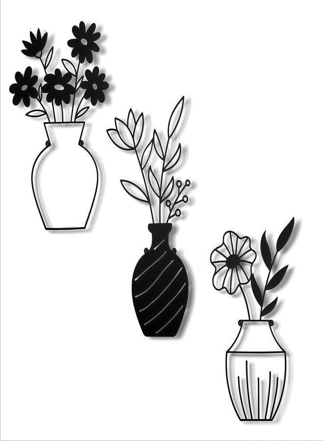 WOPARTY Modern Metal Wall Art Decor, Black Floral Vase Design, Set of 3 Decorative Panels for Living Room Bathroom Bedroom Bar, 7.7x11.8inch,6.3x13.6inch,6.3x11.4inch - Image 1