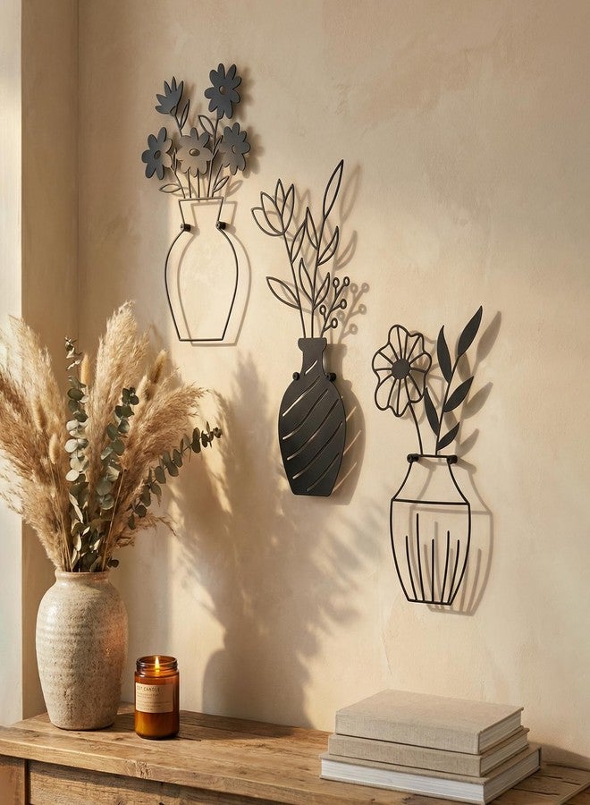 WOPARTY Modern Metal Wall Art Decor, Black Floral Vase Design, Set of 3 Decorative Panels for Living Room Bathroom Bedroom Bar, 7.7x11.8inch,6.3x13.6inch,6.3x11.4inch - Image 2