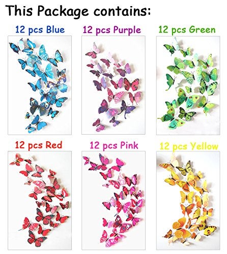 ElecMotive 72 Pcs 6 Packs Beautiful 3D Butterfly Wall Decals Removable DIY Home Decorations Art Decor Wall Stickers & Murals for Babys Bedroom TV Background Living Room (72 pcs in 6 Colors) - Image 2