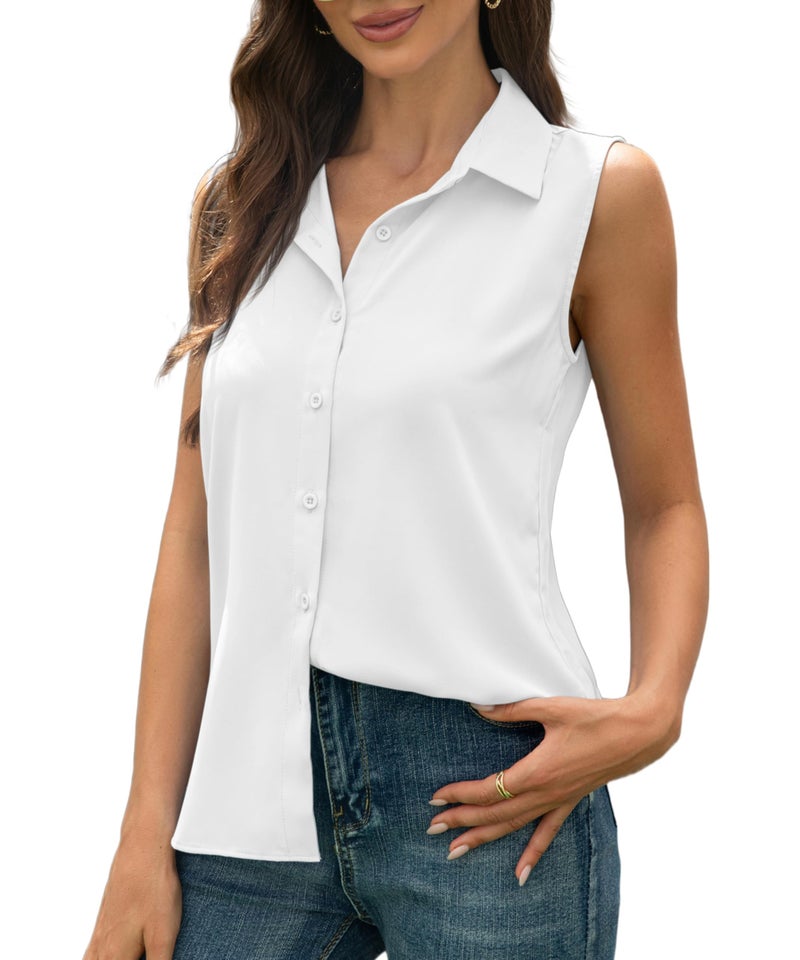 JTD Womenâ€™s Sleeveless Button Down Shirts Casual Collared Tank Top V Neck Summer Blouses Work Office Chiffon Tops White - Image 1