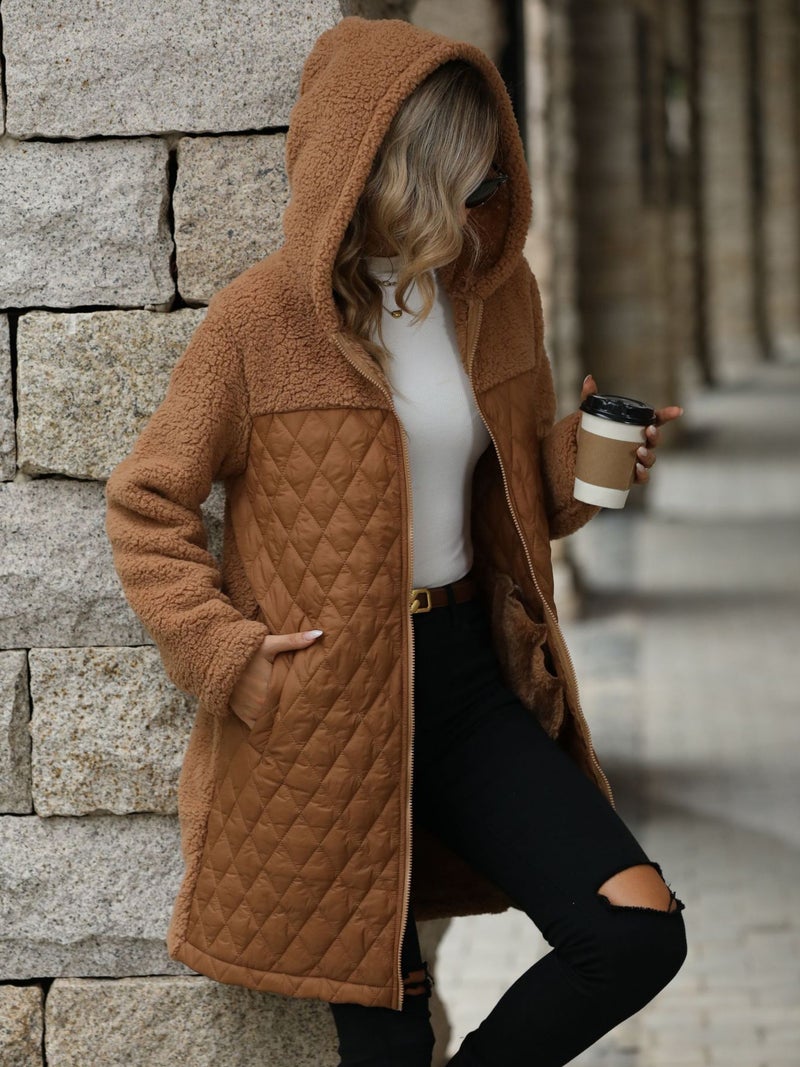 Fleece Lined Zip Up Hooded Coat Loose Fit Winter Outerwear