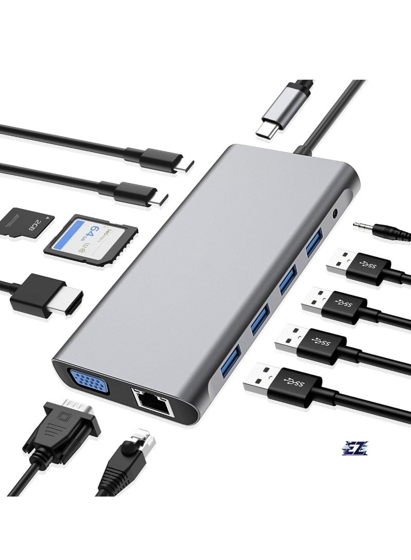 ELTRAZONE 12-in-1 USB C Hub Docking Station with 4K HDMI, VGA, USB 3.0, Ethernet, SD/TF Card Reader, and More – Perfect for MacBook Pro, MacBook Air & Type-C Devices – Expand Your Workstation - Image 1