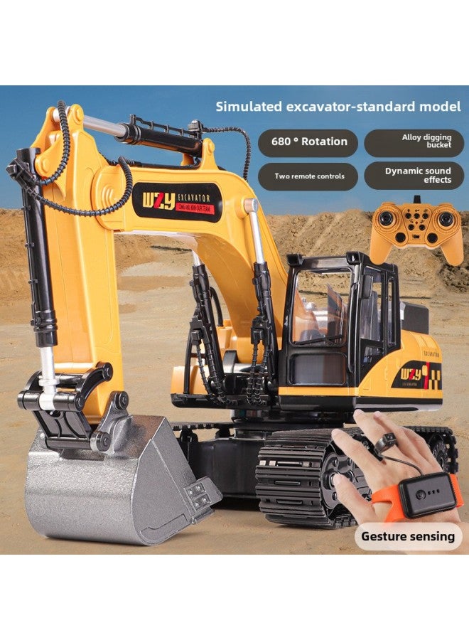 Large Alloy Remote Control Excavator Toy Car For Boys Children's Engineering Vehicle Wireless Digger Truck Playset-Color:Dual Remote Control 12 Channel + Watch classic Yellow】-Proportion:4 Sets Of Rechargeable Batteries + Remote Control Battery - Image 1