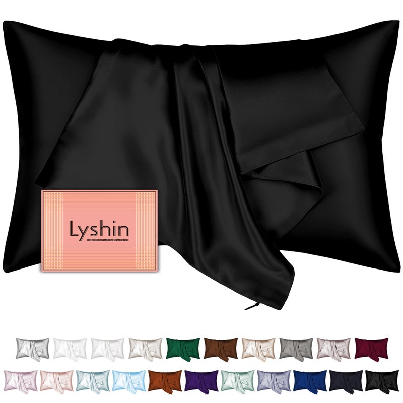 LYSHIN Mulberry Silk Pillow Cases Standard Size with Hidden Zipper, Ultra Smooth and Soft Breathable Cooling Silk Satin Pillowcase for Hair and Skin, Gifts for Women Men (Black, 20x26 Inches, 1 Pack) - Image 1