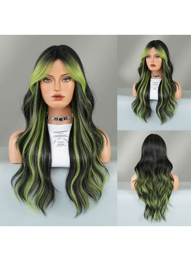 إسكدنيا باروكة كاملة موضة مع تدرجات البرتقالي، طويلة، مموجة، مع غرة، هايلايت أخضر، بطول 65 سم