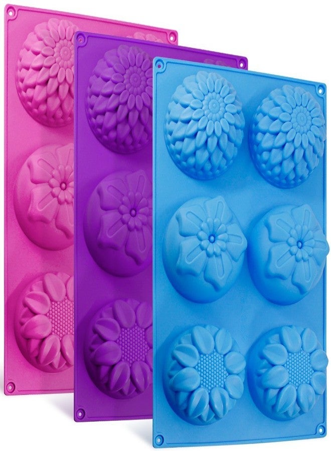 SENHAI 6-Cavity Silicone Flower Shape Cake Molds, SENHAI 3 Packs Fondant Shape Decorating Ice Cube Trays for Homemade Cake Chocolate Cupcake - Purple Blue Pink - Image 1