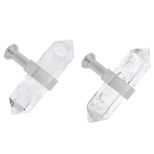 mookaitedecor Set of 2 Rock Quartz Double Crystal Points Drawer Knobs with Screws Decorative Stone Cabinet Handle Pulls for Dresser Cupboard Kitchen Decor Brushed Stainless Steel - Image 1
