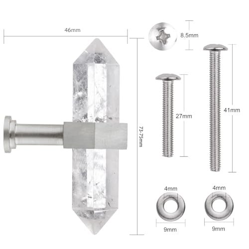 mookaitedecor Set of 2 Rock Quartz Double Crystal Points Drawer Knobs with Screws Decorative Stone Cabinet Handle Pulls for Dresser Cupboard Kitchen Decor Brushed Stainless Steel - Image 3