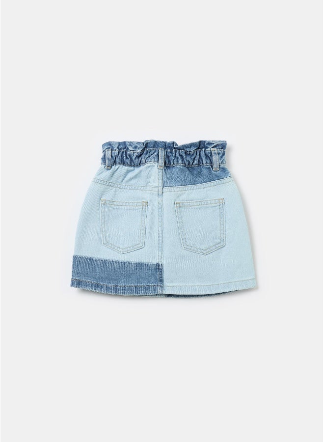 او في اس Short paper-bag shirt in patchwork denim - Image 2