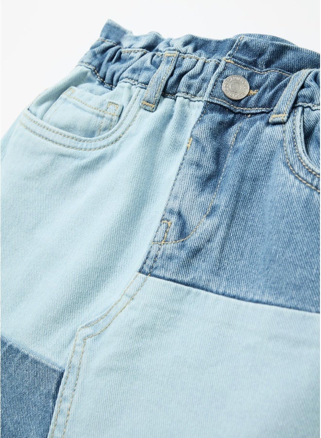 او في اس Short paper-bag shirt in patchwork denim - Image 3