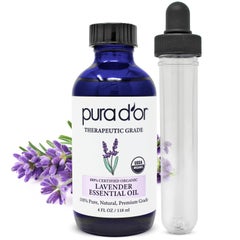 Pura d'or PURA D'OR Organic Lavender Essential Oil (4oz with Glass Dropper) 100% Pure & Natural Therapeutic Grade for Hair, Body, Skin, Aromatherapy Diffuser, Relaxation, Meditation, Massage, Home, DIY Soap 