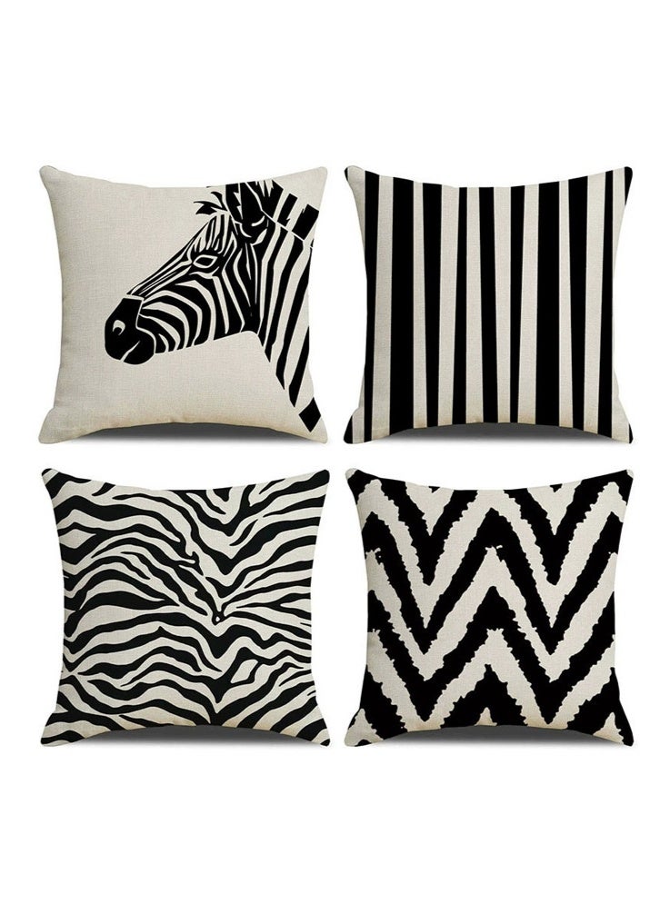 أفهوغو 4 قطع من أغطية وسائد من الكتان بنمط حمار وحشي، مقاس 45 × 45 سم، أغطية وسائد مزخرفة مخططة باللونين الأسود والأبيض، مناسبة للأريكة والسرير وغرفة المعيشة وديكور المنزل. - Image 1