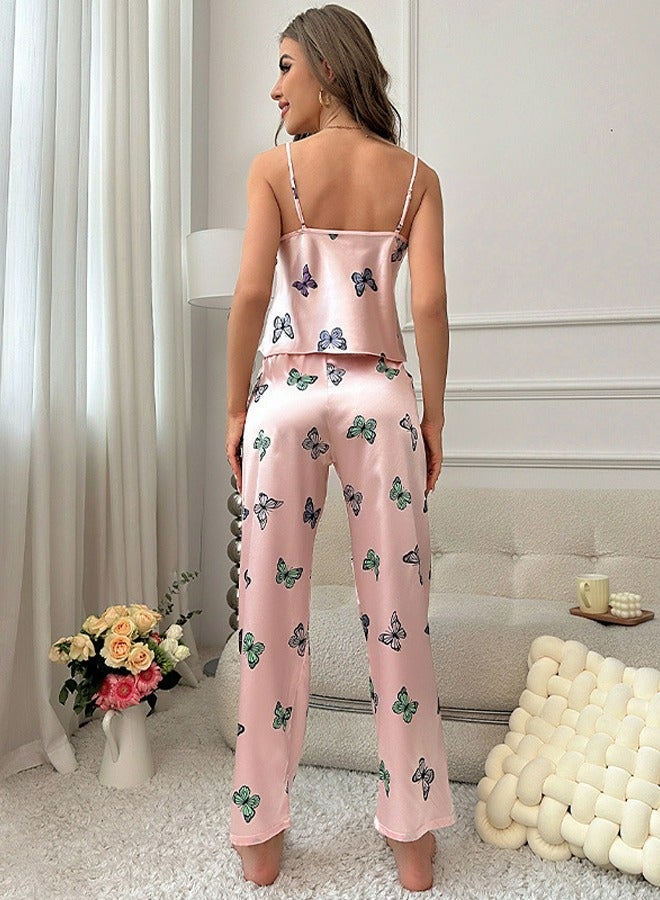 Loquat Women's Imitation Silk Printed 2-Piece Set Nightgown Sleepwear  Suspender Top And Pants Soft Loungewear Pajamas Suit Pink Mix - Image 2