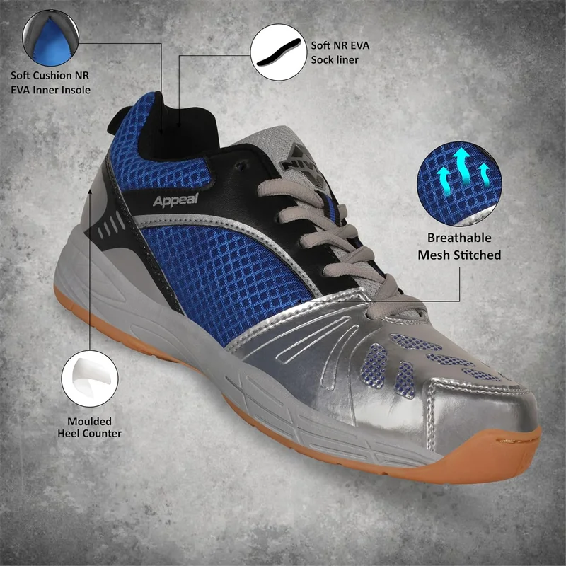 نيفيا Nivia Appeal Badminton Shoes for Men - Breathable Mesh and PU Coated Synthetic Upper, Non-Marking Round Sole, Ideal for Sports and Indoor Games (Blue/Silver), Size 10