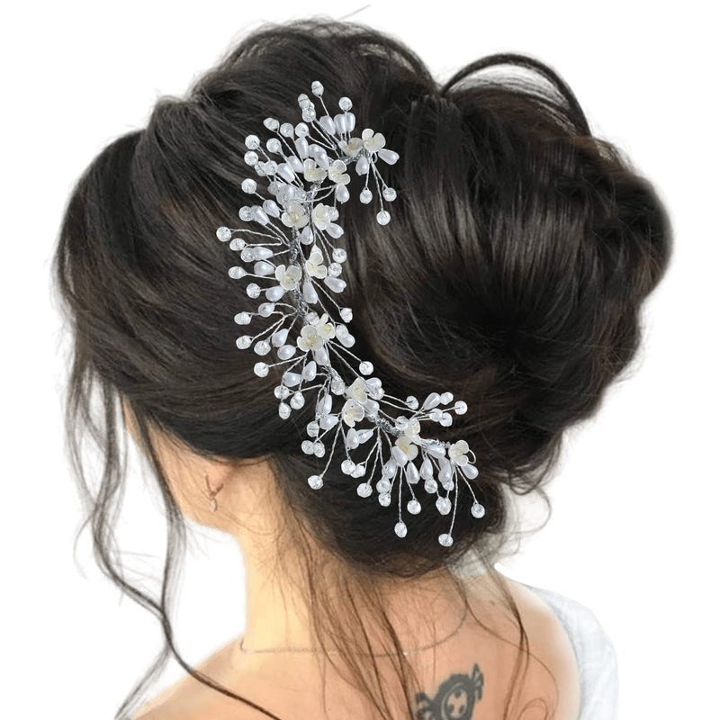 Temperia Hair Accessories For Women's & Girls For Wedding - Artificial Flowers & Pearl Style Juda Bun Accessories - Floral Bridal Brooch & Hair Pins - Hairstyle Decoration Bride Clips, Silver White - Image 1