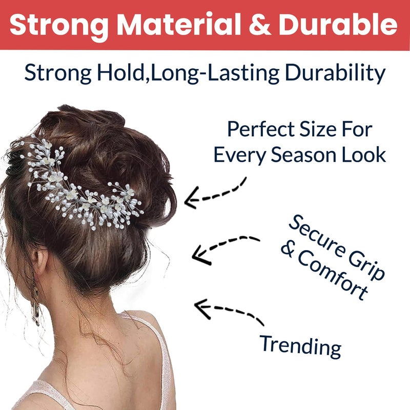Temperia Hair Accessories For Women's & Girls For Wedding - Artificial Flowers & Pearl Style Juda Bun Accessories - Floral Bridal Brooch & Hair Pins - Hairstyle Decoration Bride Clips, Silver White - Image 3