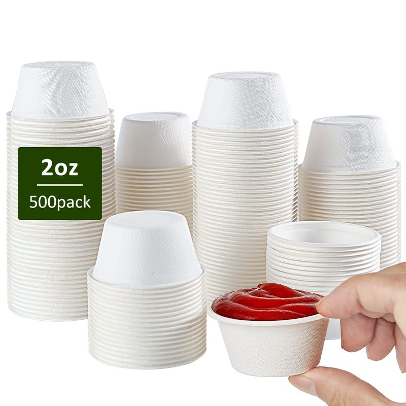 Vplus 500 Pack 2 OZ Disposable Souffle Cups 100 Compostable Portion Cups Food Sample Cups Made From Bagasse Fibe Perfect For Dips Jams Honey Sauces Nuts