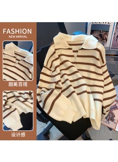 Womens Loose Long Sleeve Polo Neck Striped Knitwear Autumn Winter Fashion Trendy Comfortable Midweight Wool Blend Sweater apricot black stripes