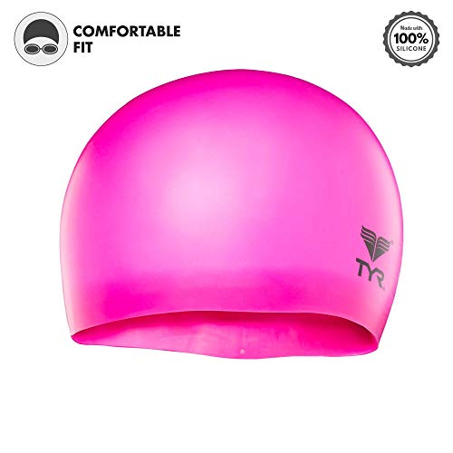 TYR Wrinkle Free Silicone Junior Swim Cap (Fluro Pink) - Image 3